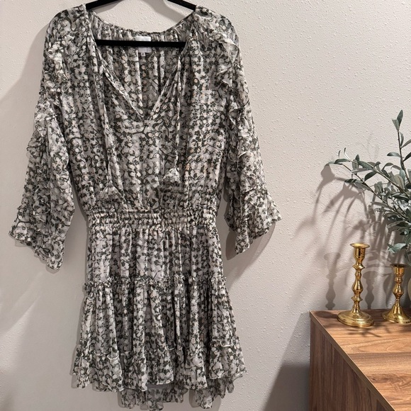 MISA Los Angeles Medium Green Floral Penelope Mini Dress Chiffon Tiered Cocktail - Picture 1 of 6